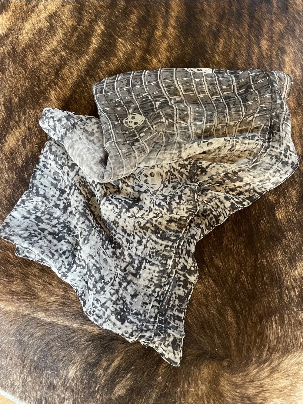 Alexander McQueen Black & White Skull Print Silk Scarf